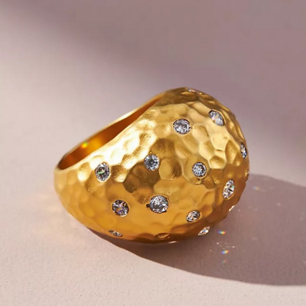 ✨ NEW Anthropologie Gold Groove Rhinestone Cocktail Ring size 7